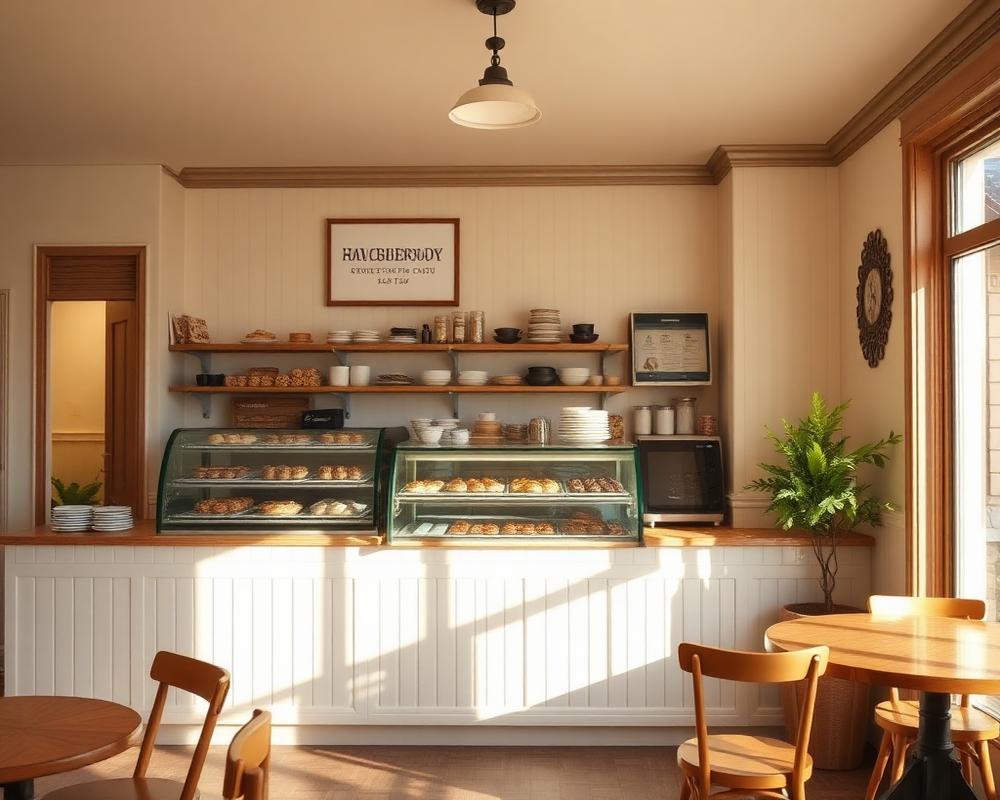 Interior of the bakery with a display case of freshly baked goods