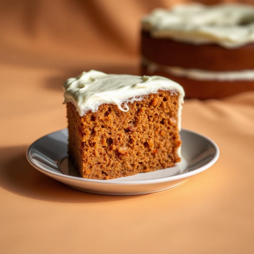 Slice of carrot cake topped with cream cheese frosting